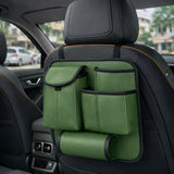 Green car seat back organizer installed on seat – multi pocket backseat organizer for bottles, snacks and travel essentials