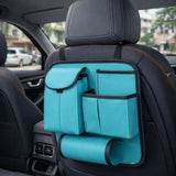 Turquoise car seat back organizer installed on seat – large multi pocket backseat storage organizer for tablets, bottles and travel items
