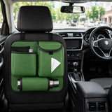 Green car seat back organizer installed on backseat storing bottle and tissues – multi pocket car backseat organizer for travel essentials