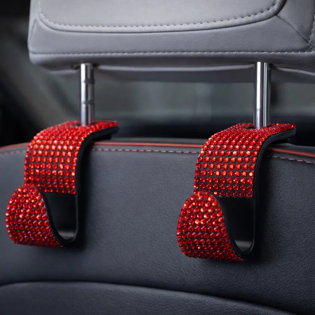 red rhinestone car headrest hooks installed on car seat headrest. A premium and unique car organizer by Car-Wah! for your daily commute