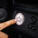 Pink crown style car ignition ring installed on dashboard – rhinestone start button cover. Colourful push start button car accessory by Car-Wah!
