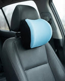 Blue memory foam car neck pillow installed on car seat