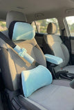 Blue car neck pillow on headrest interior view