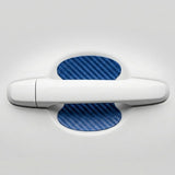 Blue carbon fiber car door handle scratch protector sticker on white vehicle exterior. A playful Car-Wah! car accessory statement piece that adds instant personality.