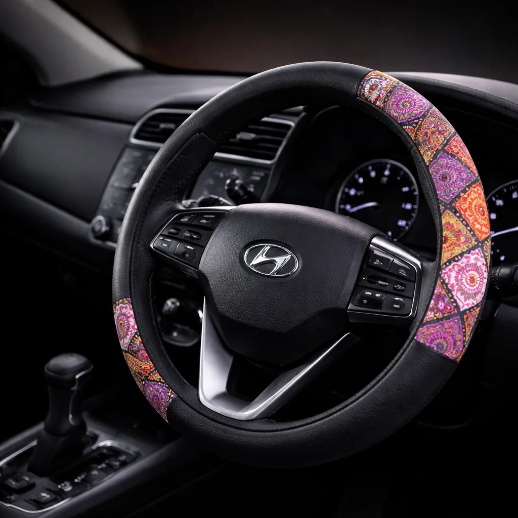 Colourful fabric steering wheel cover installed inside car interior with enhanced grip. A unique Car-Wah! car accessories for driving comfort upgrade.
