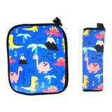 Soft blue kids seatbelt cover with colorful dinosaur cartoon print on a white background. Padded seatbelt cushion for child car safety and comfort. A feel-good Car-Wah! comfort upgrade for your car.