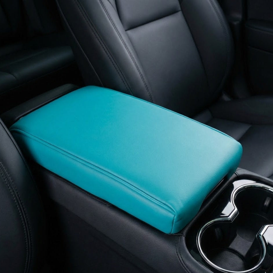 Memory foam car armrest cover in Teal – PU leather center console cushion installed for driving comfort