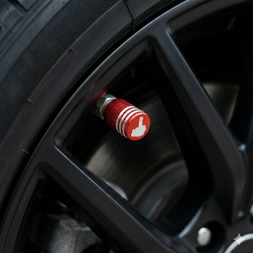 Red metal tyre valve cap on alloy wheel exterior detail