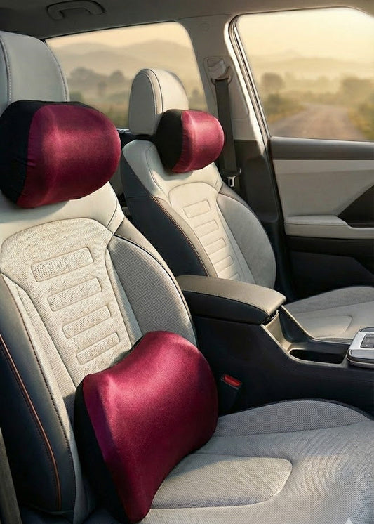 Red memory foam neck rest and backrest combo installed in a right-hand drive car, providing complete spine support and pain relief for Gurgaon highway drivers during their Delhi NCR commute.