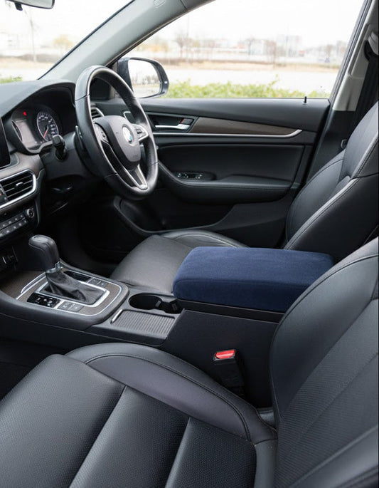 Car-Wah navy PU leather car armrest cover installed in an RHD center console, providing memory foam elbow support for daily Delhi commute.
