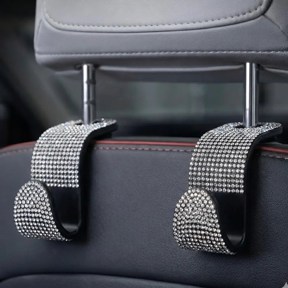 silver rhinestone car headrest hooks car seat organizer hooks installed. An aesthetic Car-Wah! car storage solution to keep your car neat and happy.
