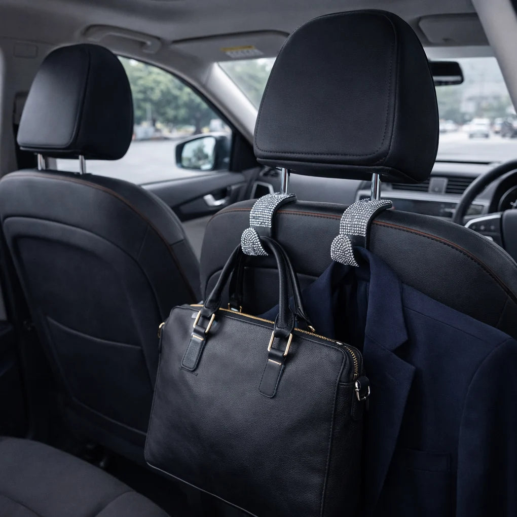 silver rhinestone car headrest hooks holding laptop bag car organizer. A premium and unique car organizer by Car-Wah! for your daily commute.