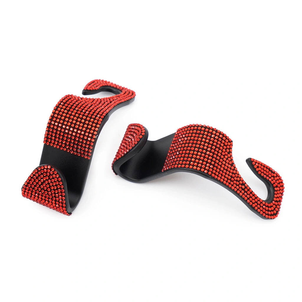 red rhinestone car headrest hooks set of 2 bling car organizer hooks. A premium and unique car organizer by Car-Wah! for your daily commute