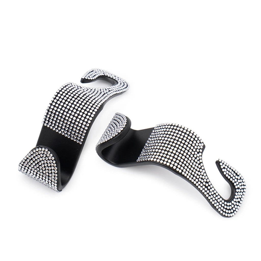 silver rhinestone car headrest hooks bling car seat organizer hooks. An aesthetic Car-Wah! car storage solution to keep your car neat and happy.