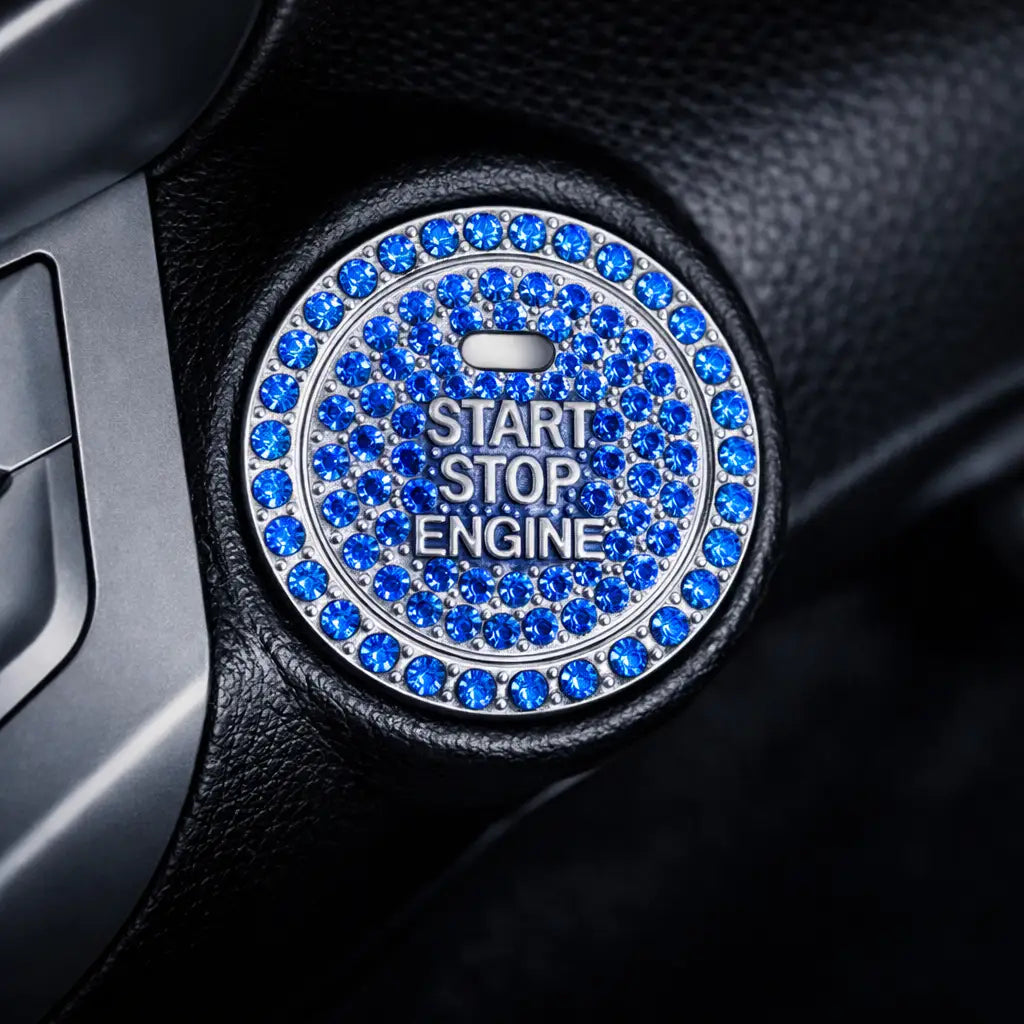Blue rhinestone car start button cover installed on push start dashboard – 3.8cm universal fit. Adds a bold, fun 'wah' to your car interior with Car-Wah!