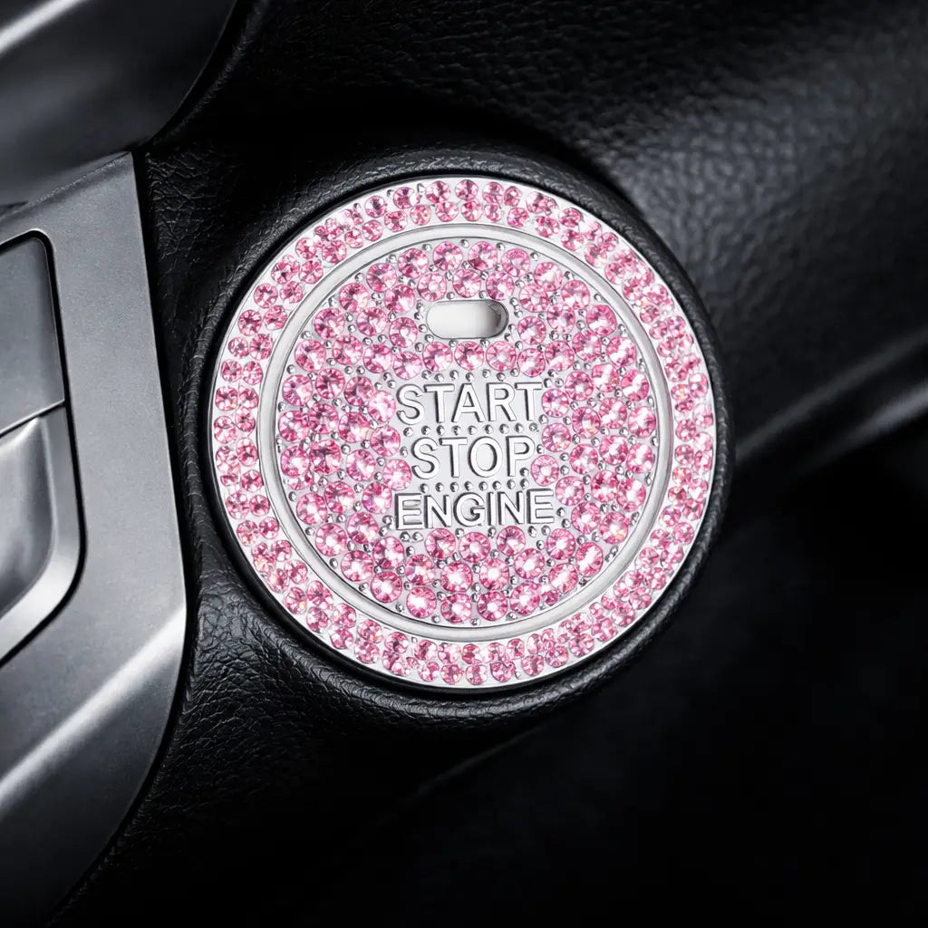 Pink rhinestone car start button cover on car dashboard – sparkly push start ring 3.8cm. Adds a bold, fun 'wah' to your car interior with Car-Wah!