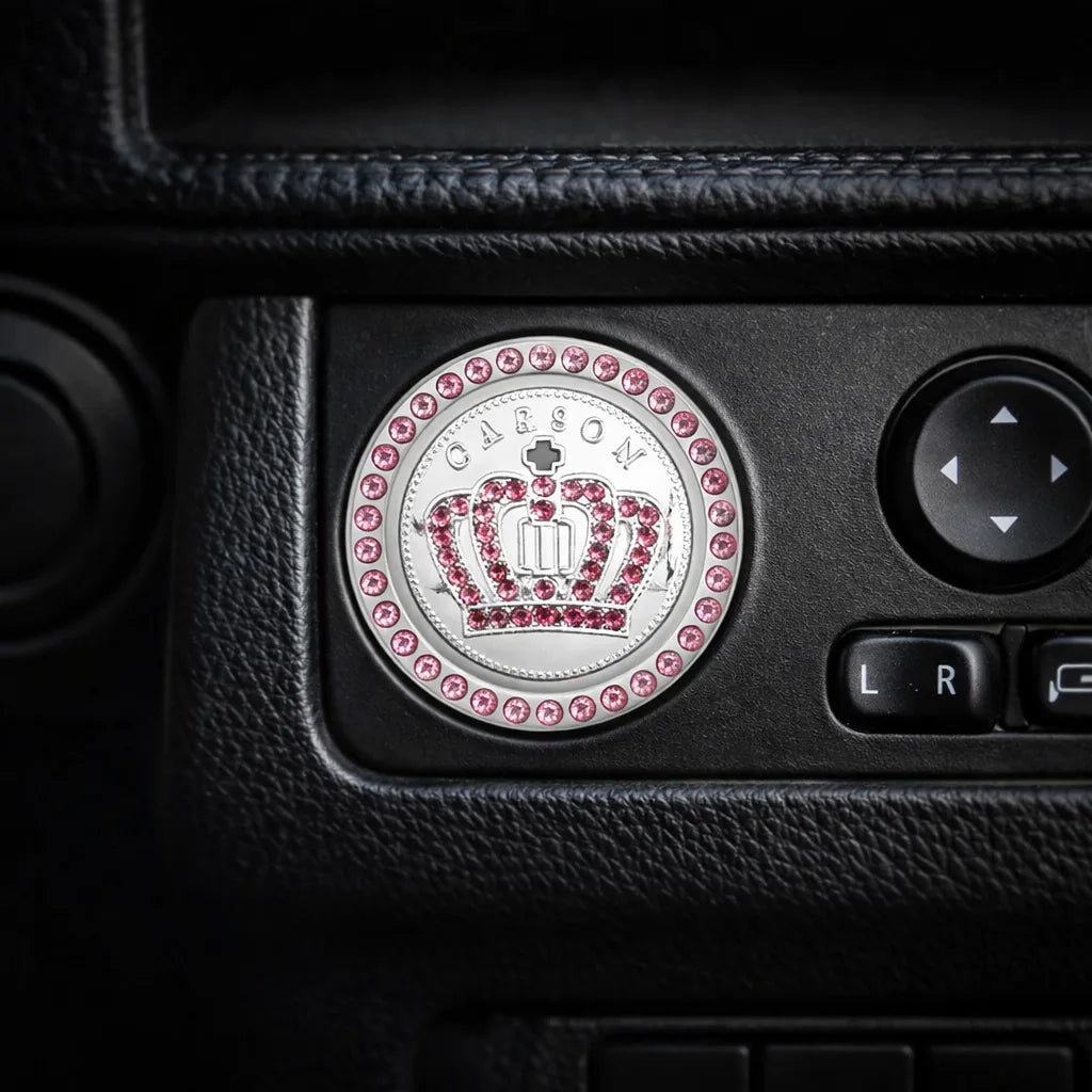Pink crown style car ignition ring installed – rhinestone start button cover 3.8cm. Adds a bold, fun 'wah' to your car interior with Car-Wah!