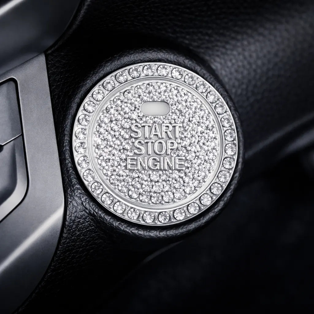 Silver bling start button cover installed on engine start stop button – 3.8cm fit. Adds a bold, fun 'wah' to your car interior with Car-Wah!