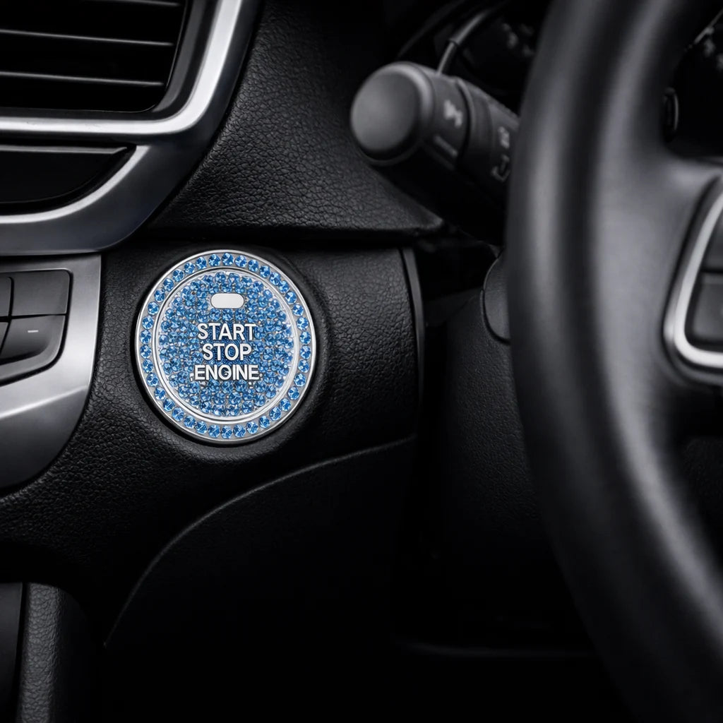 Blue rhinestone car start button cover installed on dashboard – universal push start ring. Colourful push start button car accessory by Car-Wah!