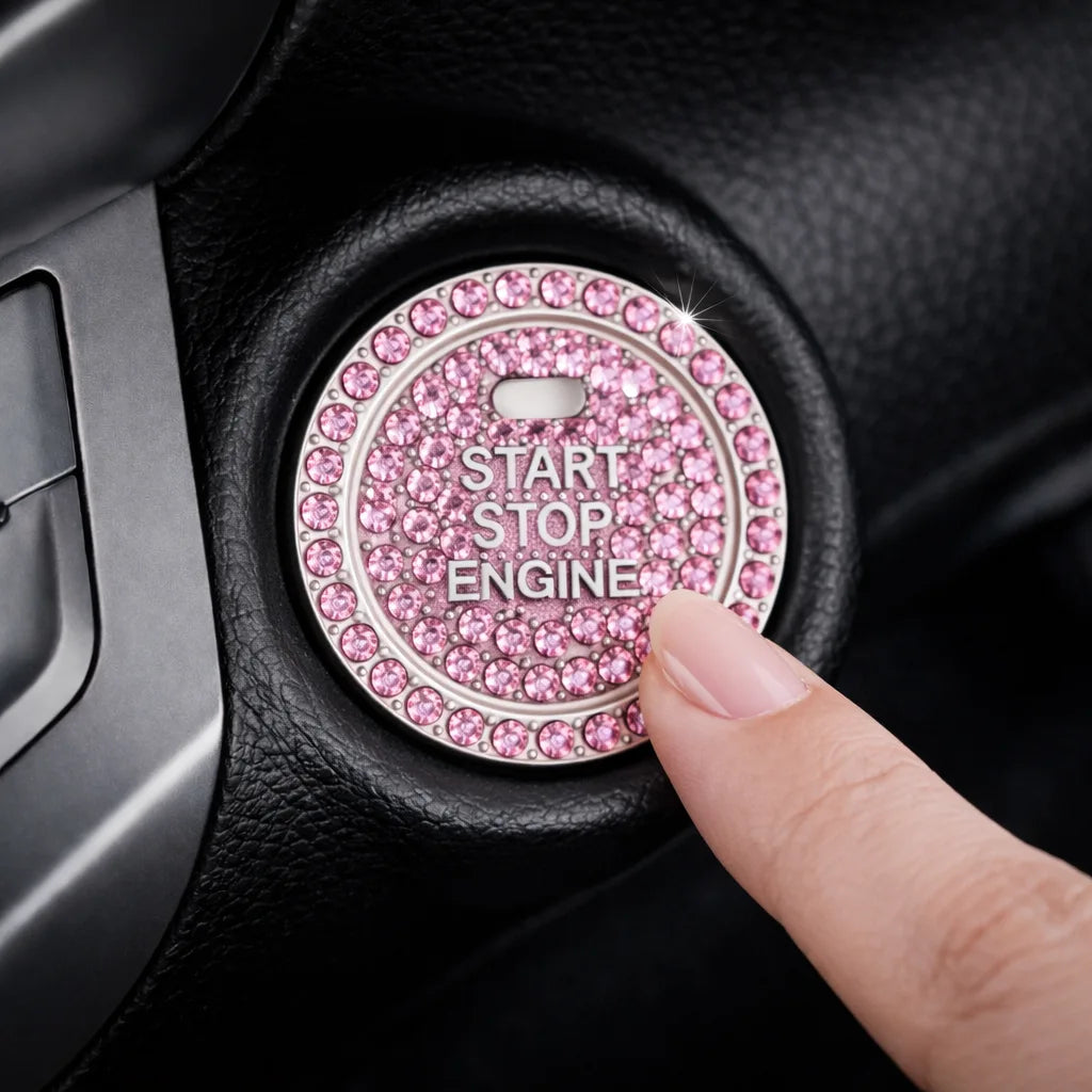 Pink rhinestone car start button cover being pressed – sparkly push start ring installed