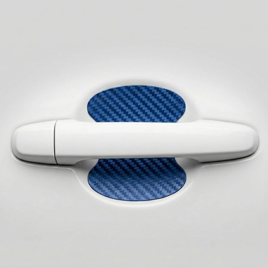 Blue carbon fiber car door handle scratch protector sticker on white vehicle exterior. A playful Car-Wah! car accessory statement piece that adds instant personality.