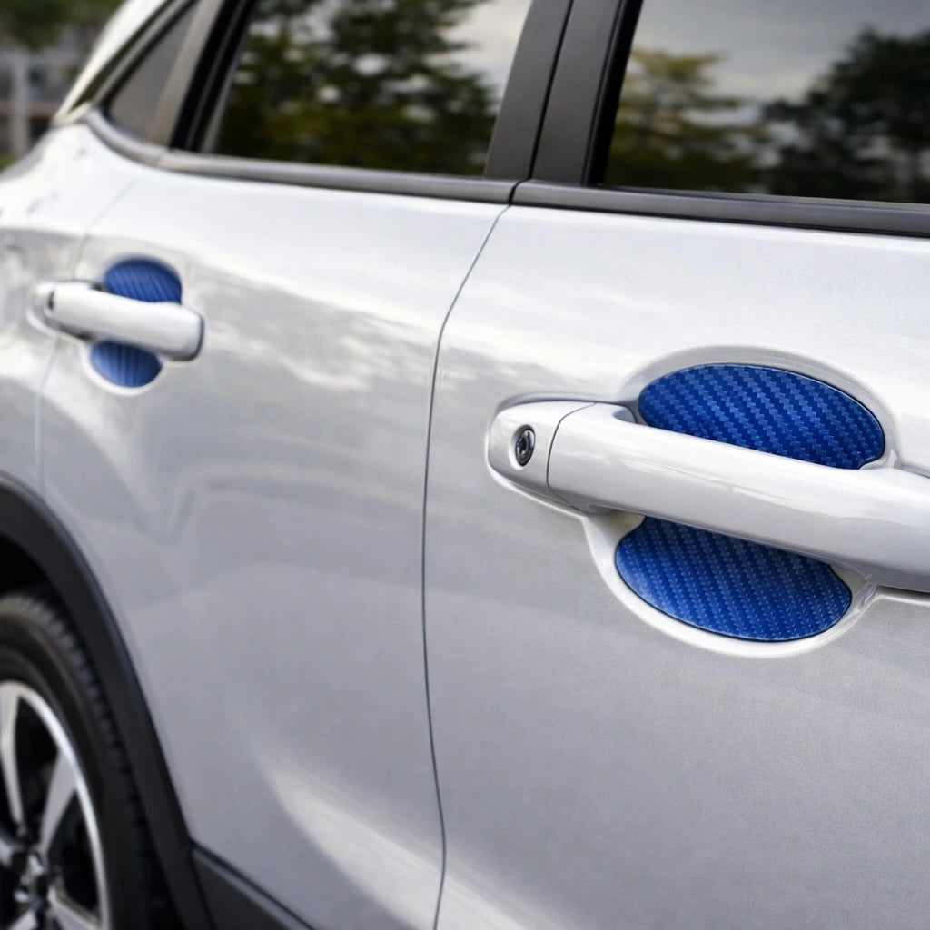 Blue carbon fiber car door bowl stickers installed on SUV door handles, A unique Car-Wah! car decor upgrade for your daily drives.