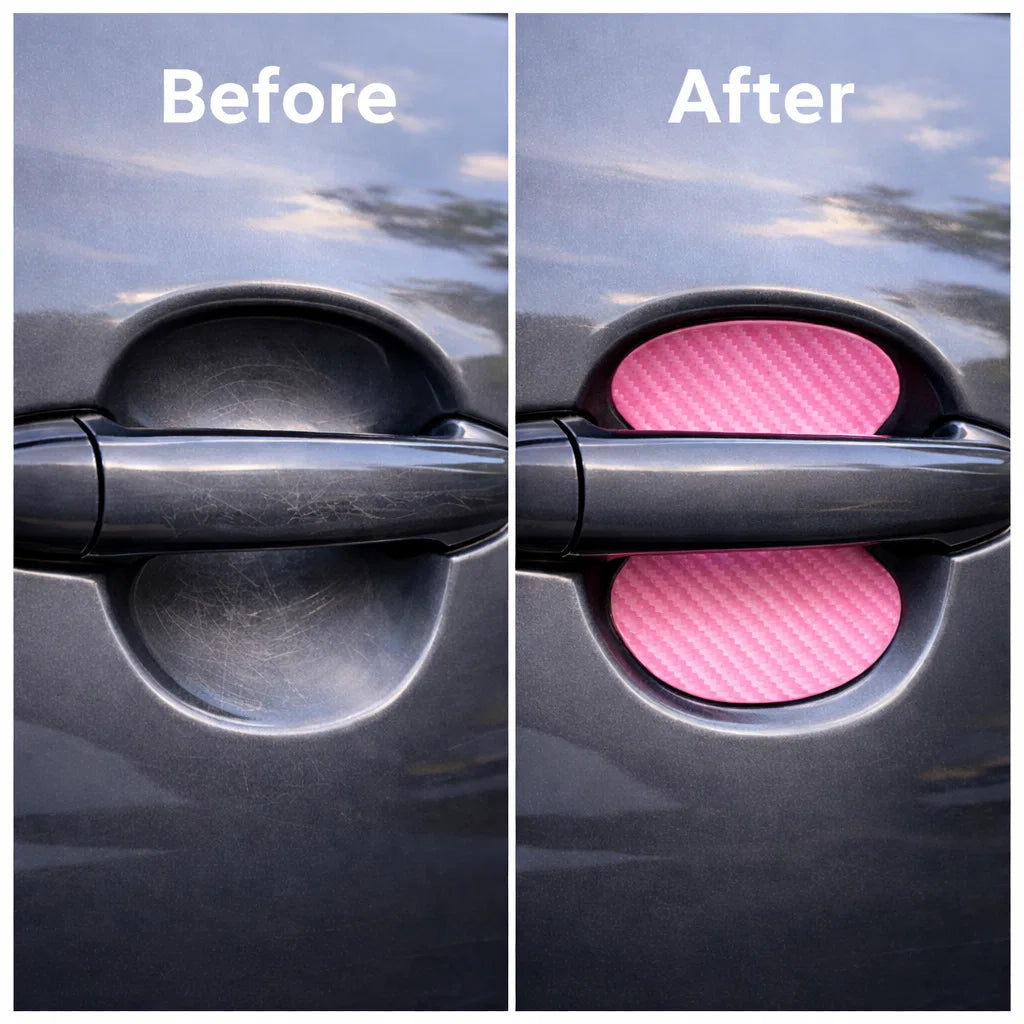 Before and after car door bowl scratch protection with pink carbon fiber door handle sticker. A useful Car-Wah! car accessory upgrade for your daily drives.