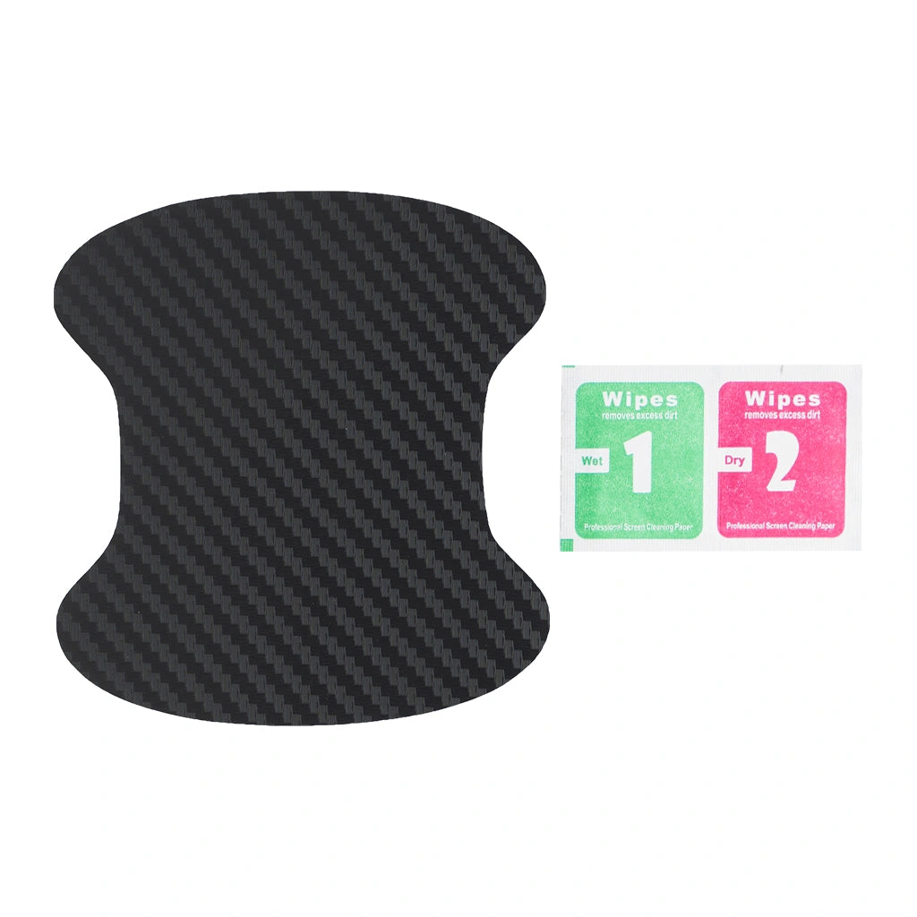 Black carbon fiber car door handle scratch protector sticker with cleaning wipes. An aesthetic Car-Wah! styling car accessory.