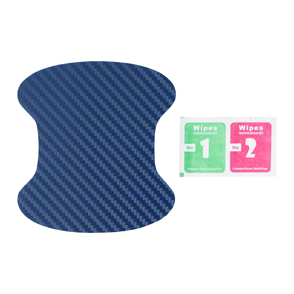 Blue carbon fiber car door handle scratch protector sticker with installation wipes included. A bold Car-Wah! styling car accessory.