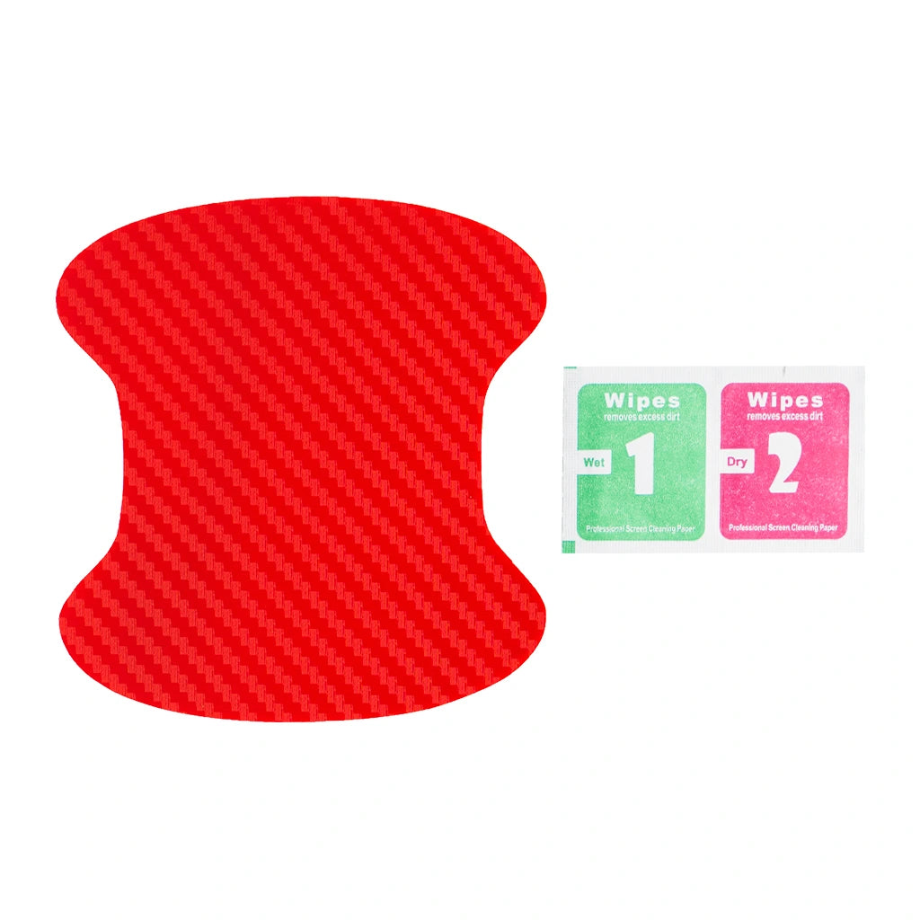 Red carbon fiber car door handle scratch guard sticker with cleaning wipes. A colourful Car-Wah! styling car accessory.