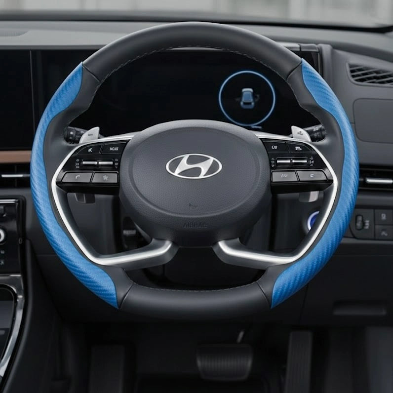 blue carbon fibre car steering wheel cover installed universal 38 cm fit. A Car-Wah! styling car upgrade that adds luxury comfort.