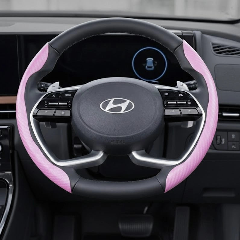 pink carbon fibre car steering wheel cover sporty interior upgrade. A Car-Wah! styling car upgrade that adds luxury comfort.