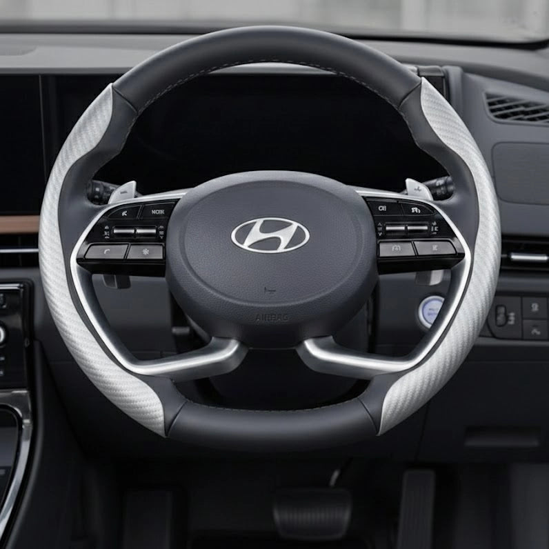 silver carbon fibre car steering wheel cover ultra thin finish. A Car-Wah! styling car upgrade that adds luxury comfort.