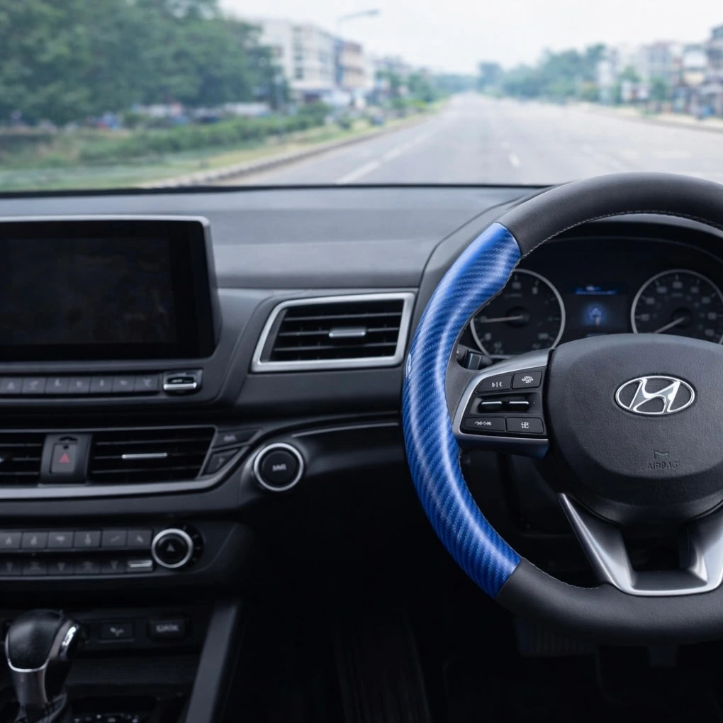 blue carbon fibre steering wheel cover inside modern car interior India. A premium Car-Wah! car accessory for an instant car interior upgrade.