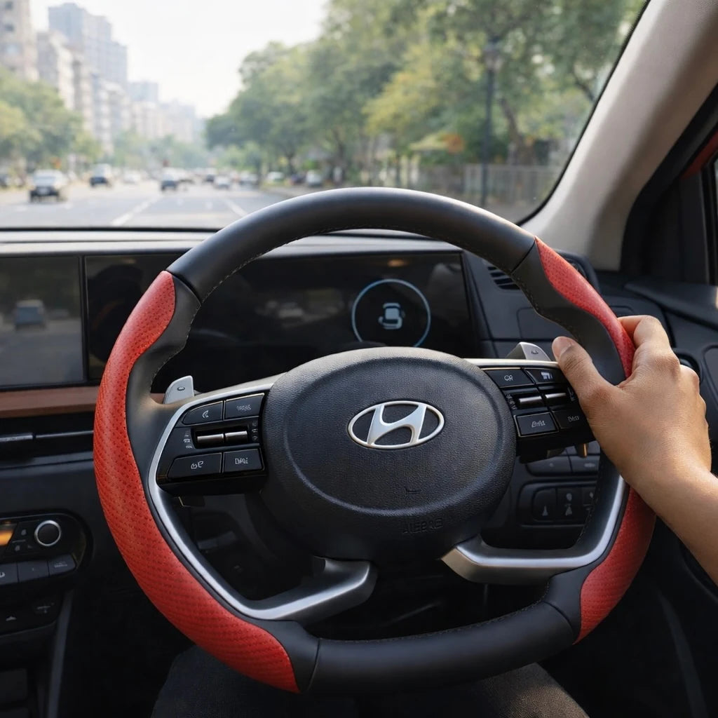 red carbon fibre steering wheel cover during city driving view. A premium Car-Wah! car accessory for an instant car interior upgrade.