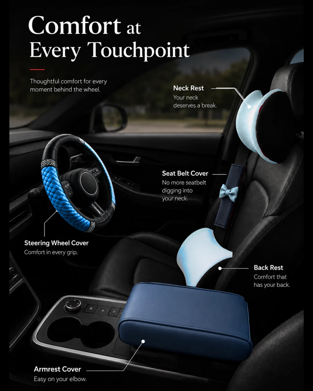 Car-Wah! complete comfort bundle showing neck rest, back rest, armrest cover, seatbelt cover and steering wheel cover installed inside a car