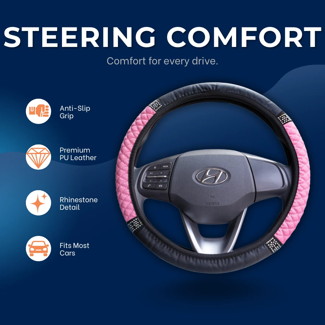 Car-Wah! premium PU leather steering wheel cover with anti-slip grip and rhinestone detailing