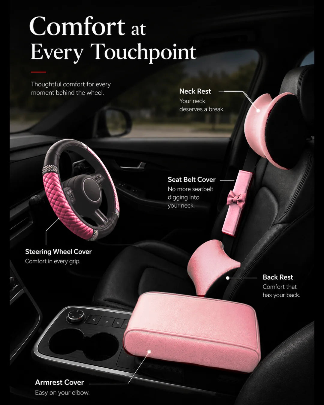Pink Car-Wah! comfort bundle showing neck rest, back rest, armrest cover, seatbelt cover and steering wheel cover
