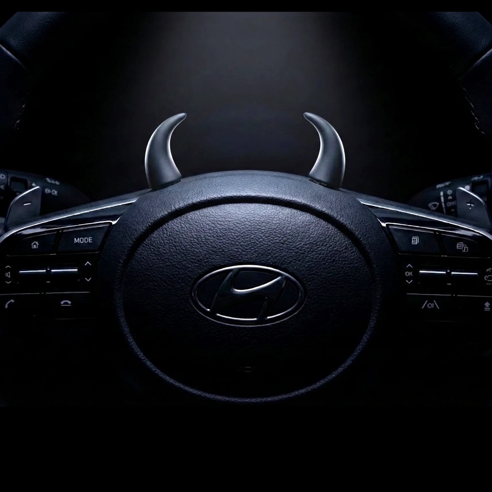 black devil horn car steering wheel accessory 3D peel and stick decor. A fresh and fun car accessory by Car-Wah!  for the everyday Indian car.