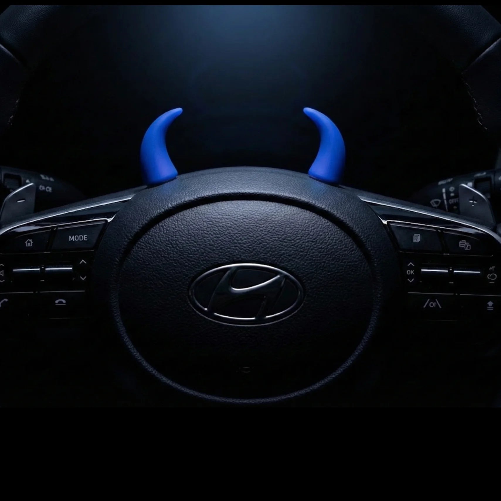 blue devil horn steering wheel decor for car interior. A fresh and fun car accessory by Car-Wah!  for the everyday Indian car.