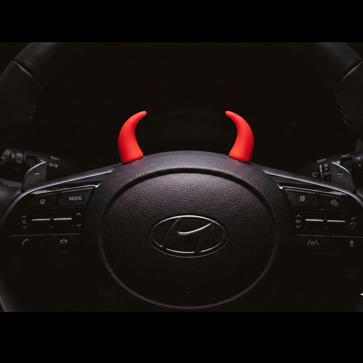 red devil horn steering wheel decor 3D car interior accessory. A fresh and fun car accessory by Car-Wah!  for the everyday Indian car.