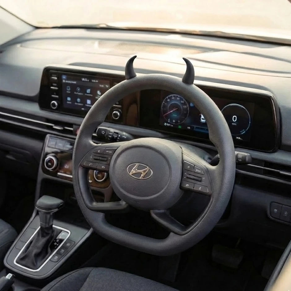 black devil horn steering wheel decor installed in car interior dashboard view, Add a bold, unique car accessory to your car interior with Car-Wah!