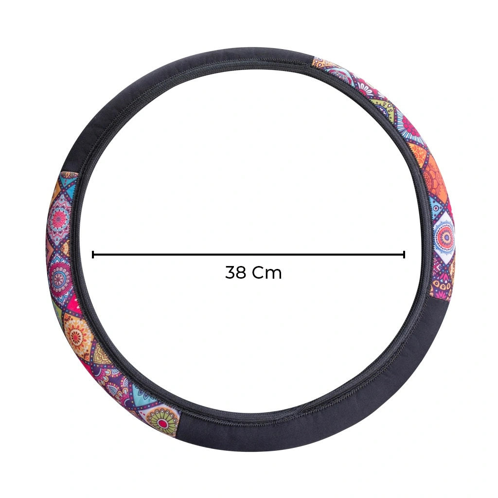 38 cm fabric steering wheel cover diameter measurement for universal fit cars in India. A unique Car-Wah! car accessories for driving comfort upgrade.