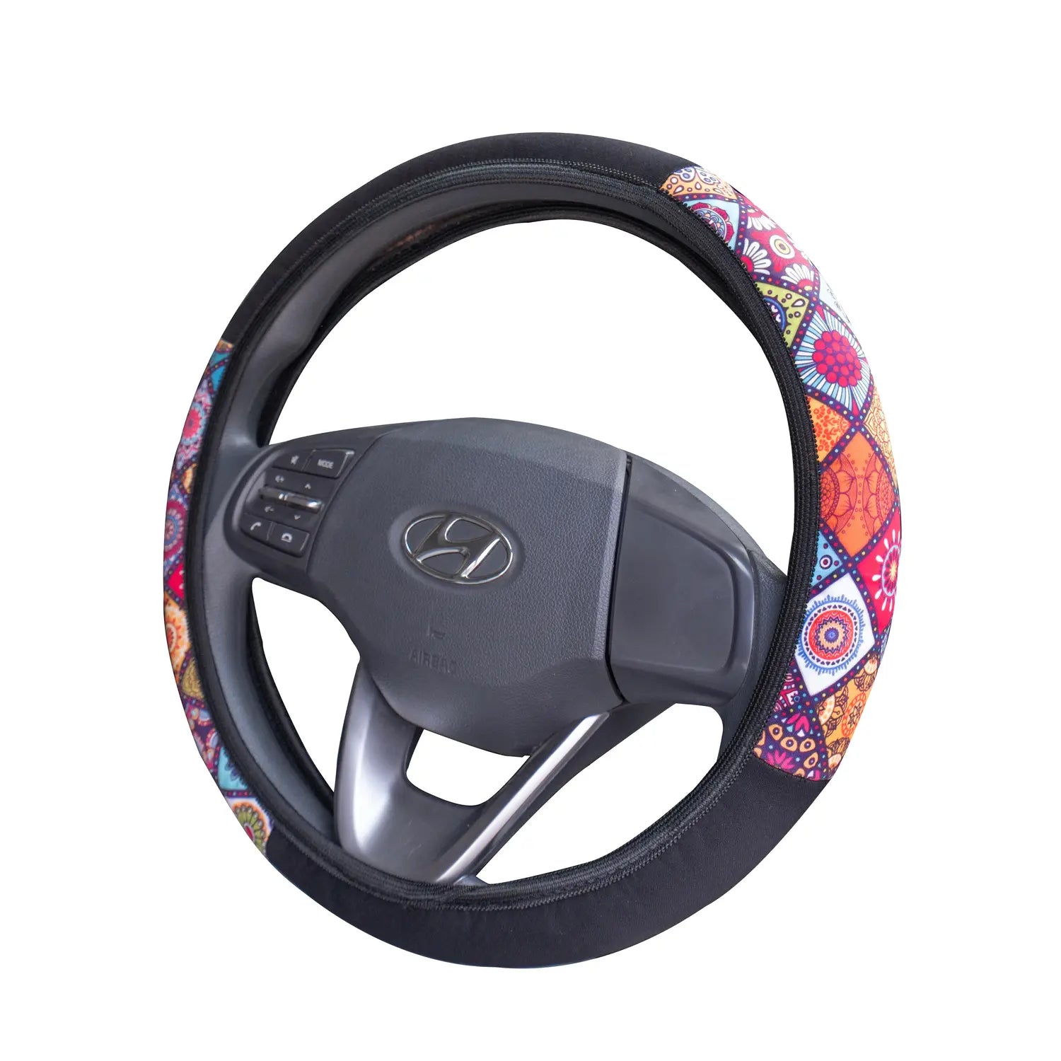 Fabric steering wheel cover with colourful boho print installed on 38 cm steering wheel.A unique Car-Wah! car accessories for driving comfort upgrade.
