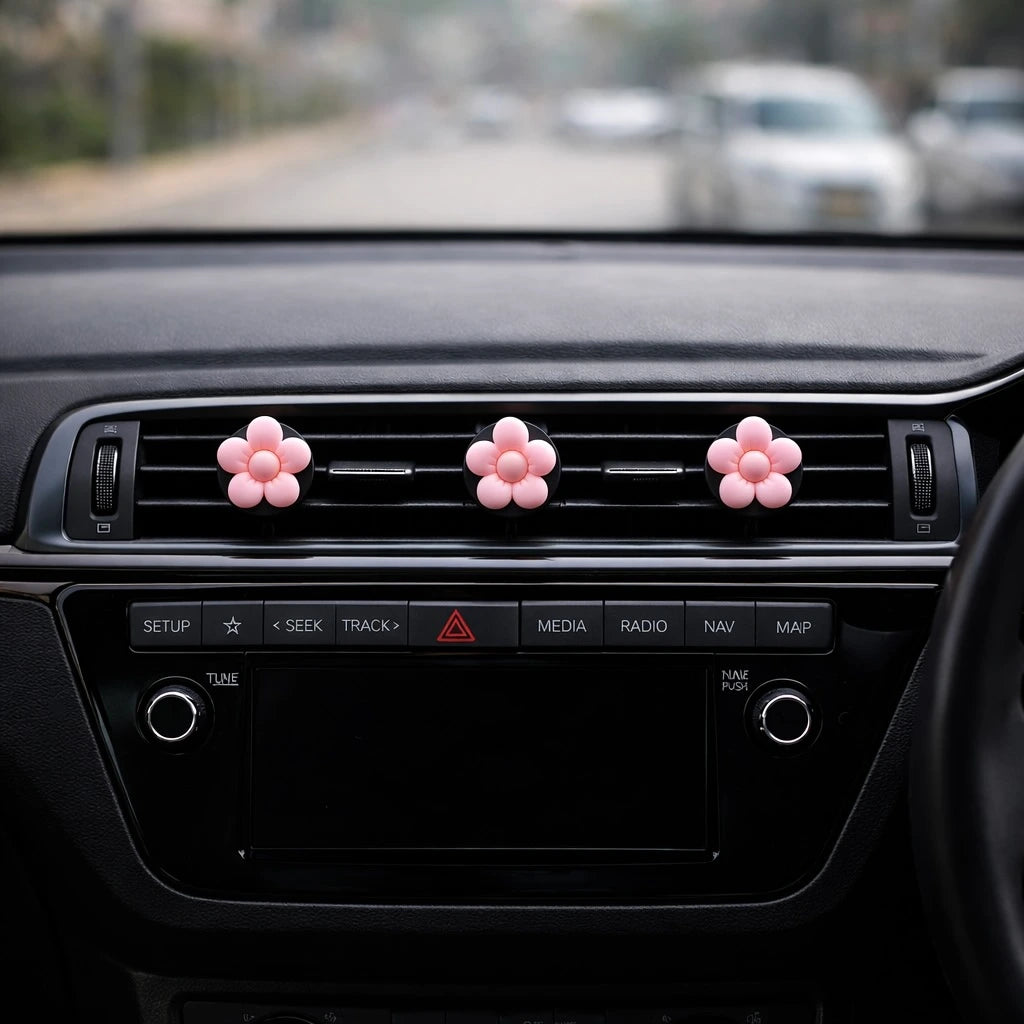 Pink flower car air freshener vent clip perfume on car AC vent. A unique Car-Wah! car fragrance to keep your car cabin smelling extraordinary.