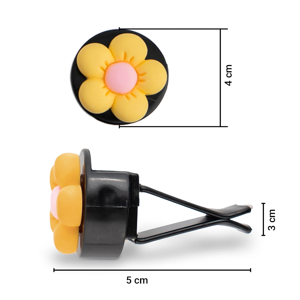 Flower car air freshener vent clip dimensions showing size and installation clip. An aesthetic car freshener by Car-Wah!, car perfume for long-lasting freshness