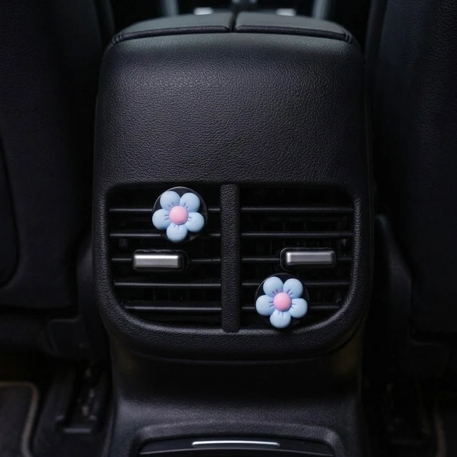 Flower car air freshener installed on rear AC vents inside car interior. A unique Car-Wah! car fragrance to keep your car cabin smelling extraordinary.