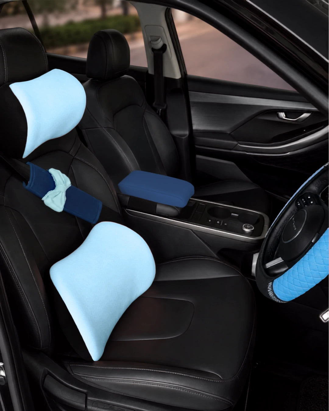 Blue Car-Wah! comfort bundle installed in car with neck pillow, back cushion, armrest cover, seatbelt cover and steering wheel cover