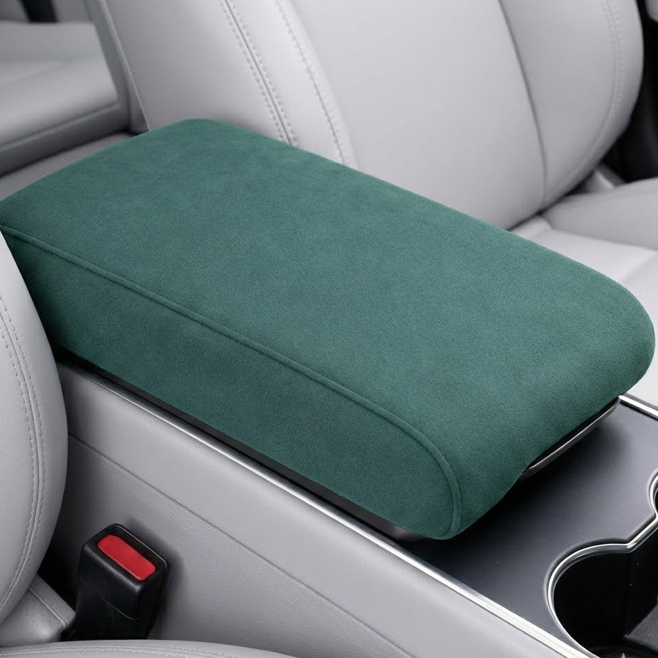 Green suede car armrest cover with memory foam installed on center console. A unique Car-Wah! comfort car accessory for your daily drive. 