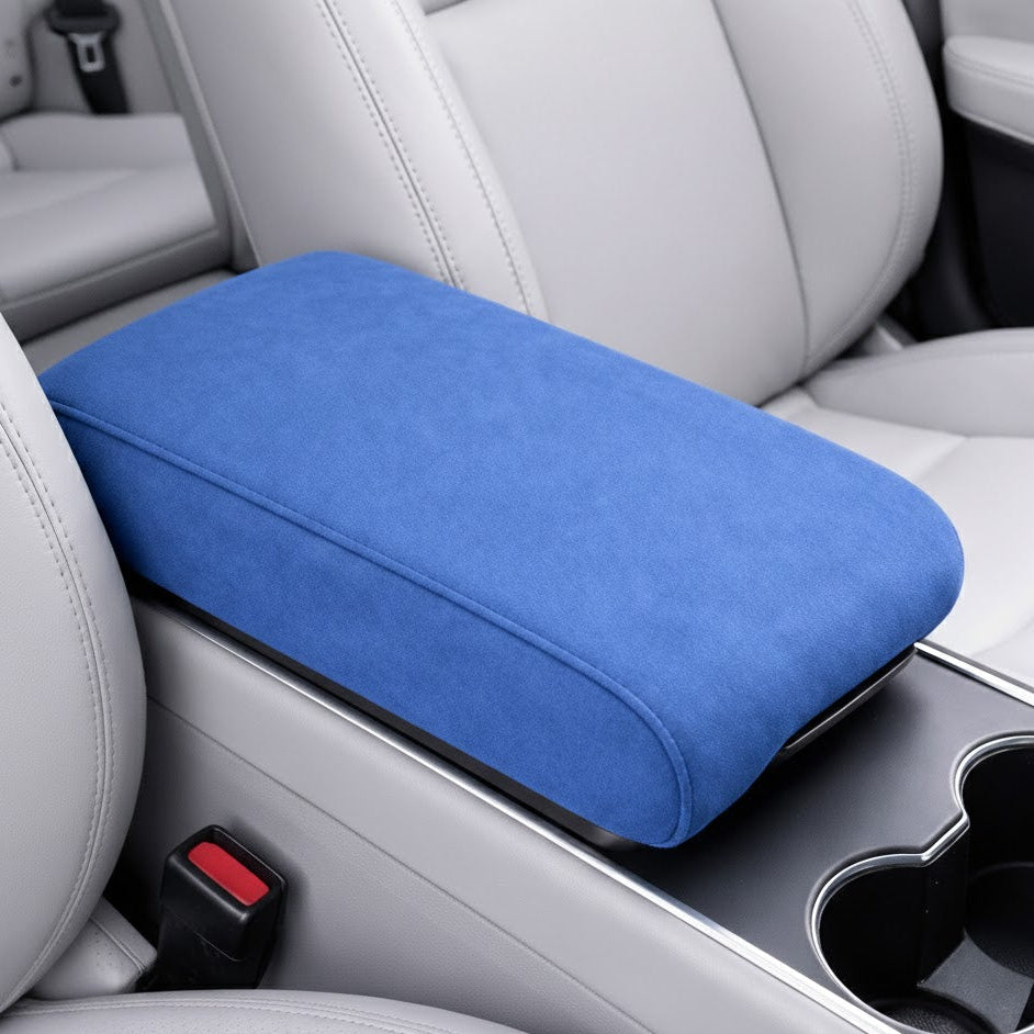 Blue suede car armrest cover with memory foam installed on center console. A unique Car-Wah! comfort car accessory for your daily drive. 